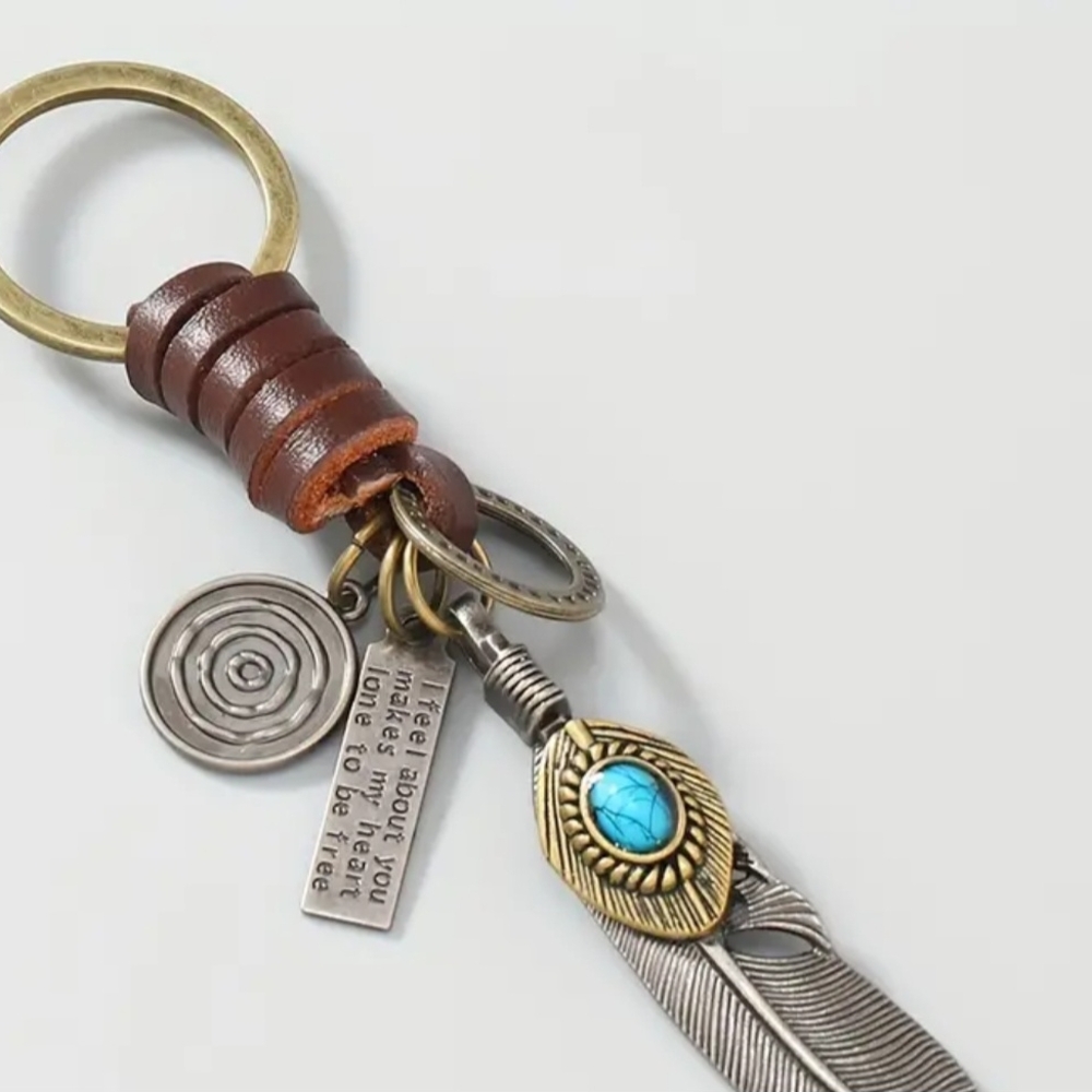 Boho Keychain with Feather and Turquoise Accents and Brown Leather Like Design